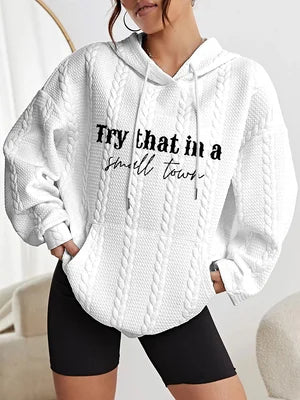 Damen Sweatshirt mit Aufschrift „Try That In A Small Town“, geflochten, amerikanische Flagge